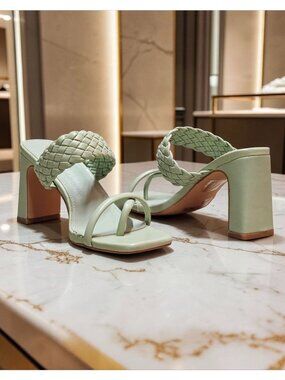 Woven Strap Block Heel Sandals Sage Green Square Toe Slip-On Design Womens Footw
